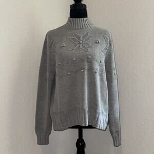 Croft And Barrow Sweater Women's XL Gray Textured Floral Ribbed Cuffs Mock Neck